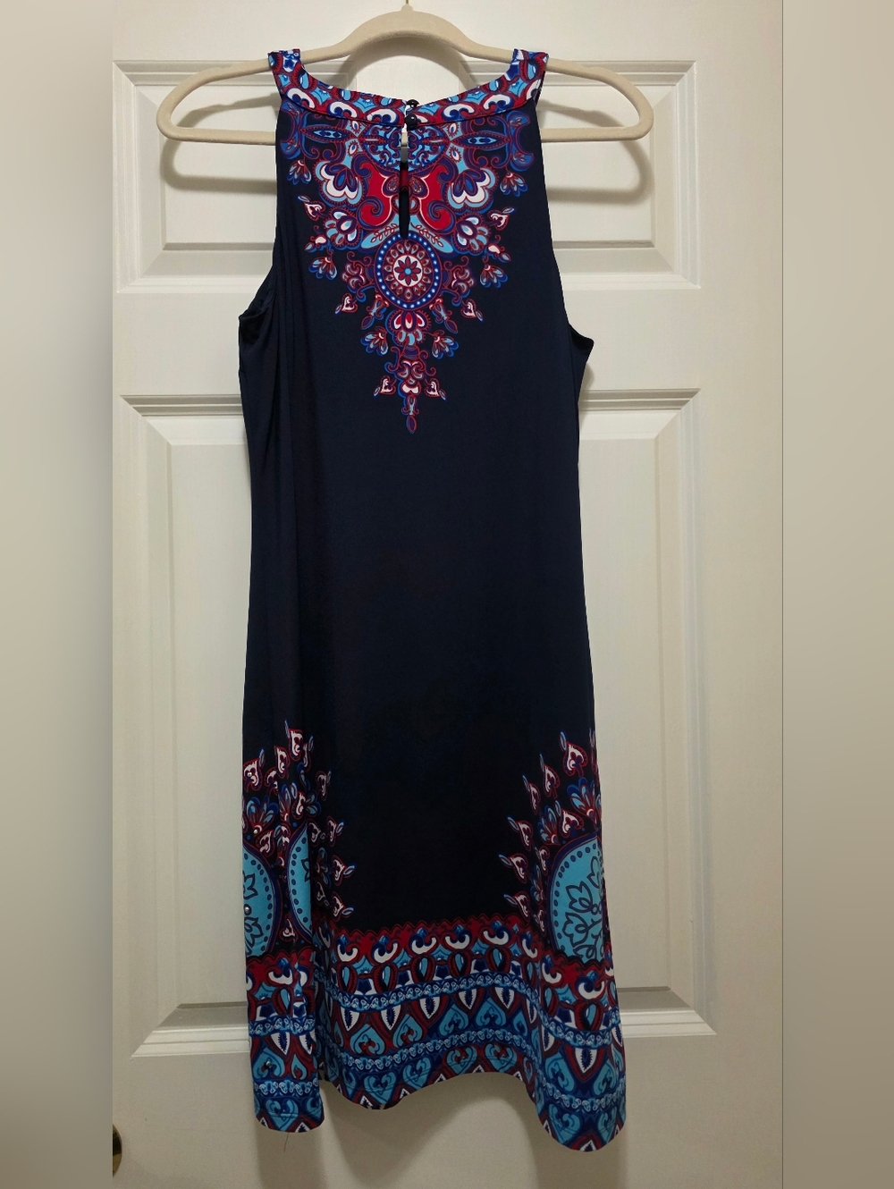 INC International Concepts Navy Midi Dress with Red & Teal Accents